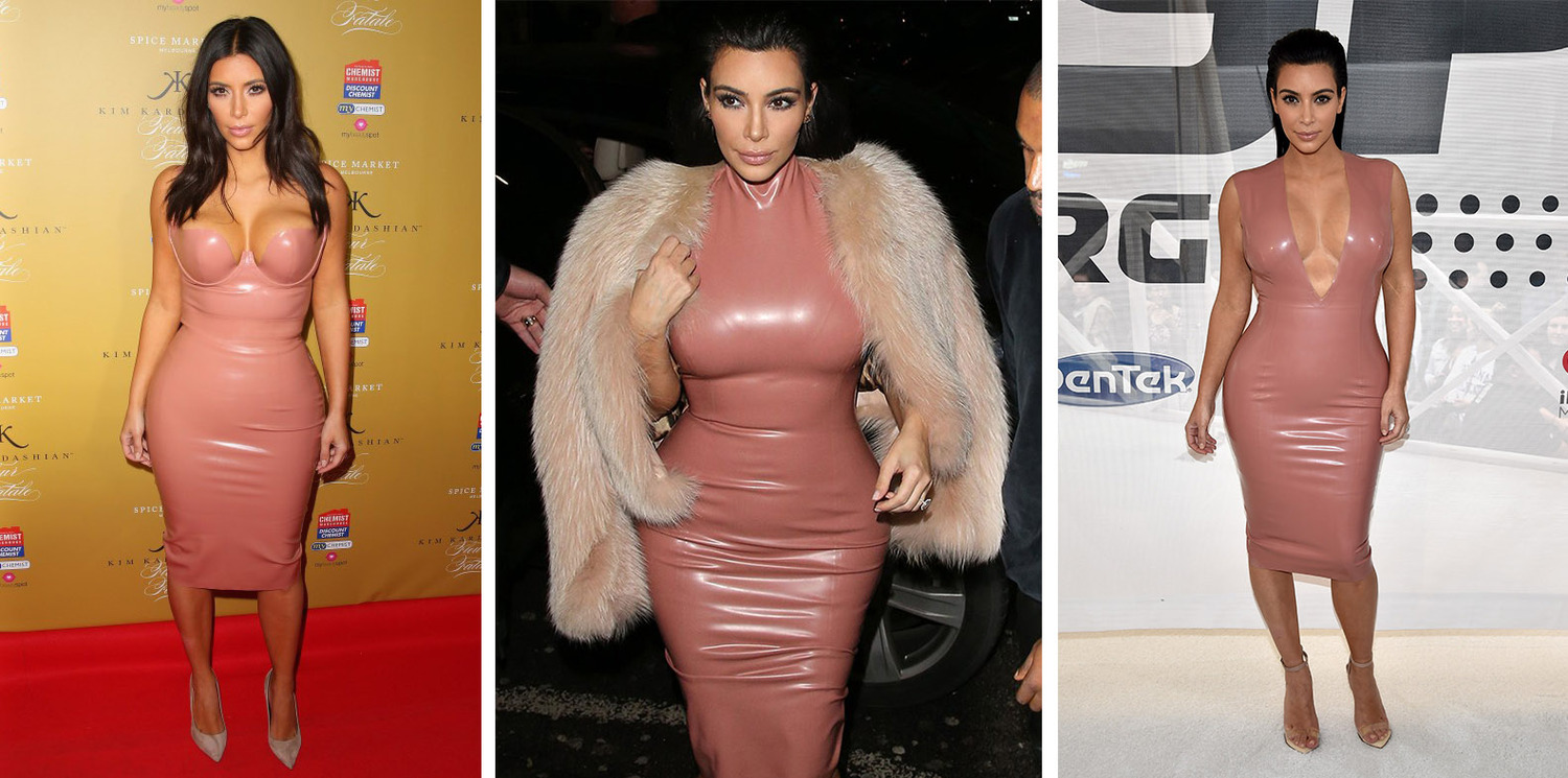 Kim Kardashian West wearing three variations of the latex dress designed by Atsuko Kudo.