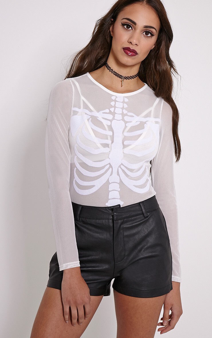 Skeleton Ribs White Mesh  Bodysuit 